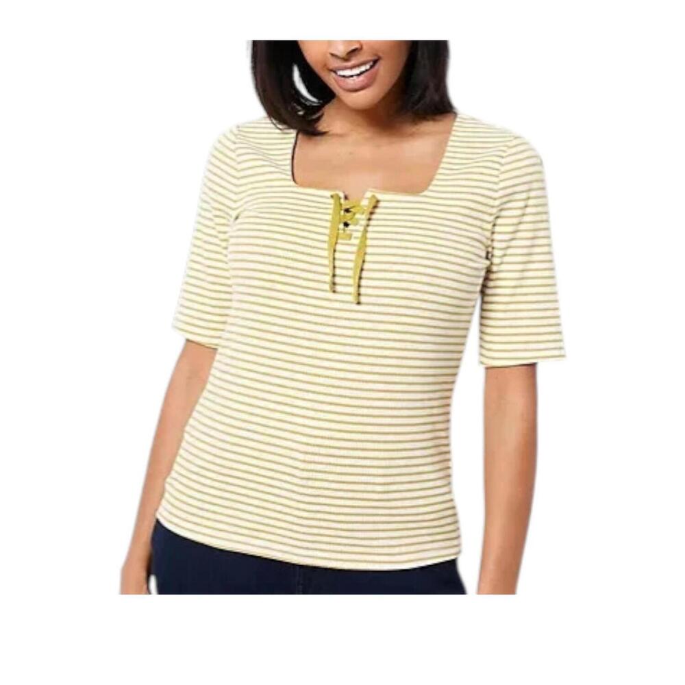 Candace Cameron Bure Striped Lace-Up Rib Knit Top Golden Olive - Regular